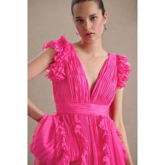 MAC DUGGAL Pleated Ruffle Cap Sleeve Chiffon Gown in Fuchsia Size US 8 - Picture 3 of 14